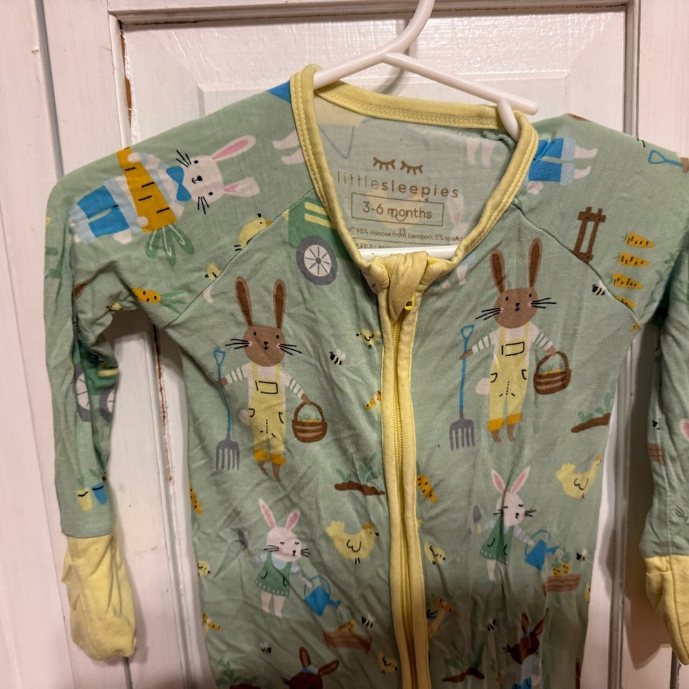 Little Sleepies Green Pajamas with Bunny and Yellow Trim
